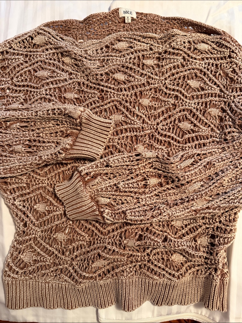 BKE Open-Weave Crochet Pullover Sweater in Taupe
